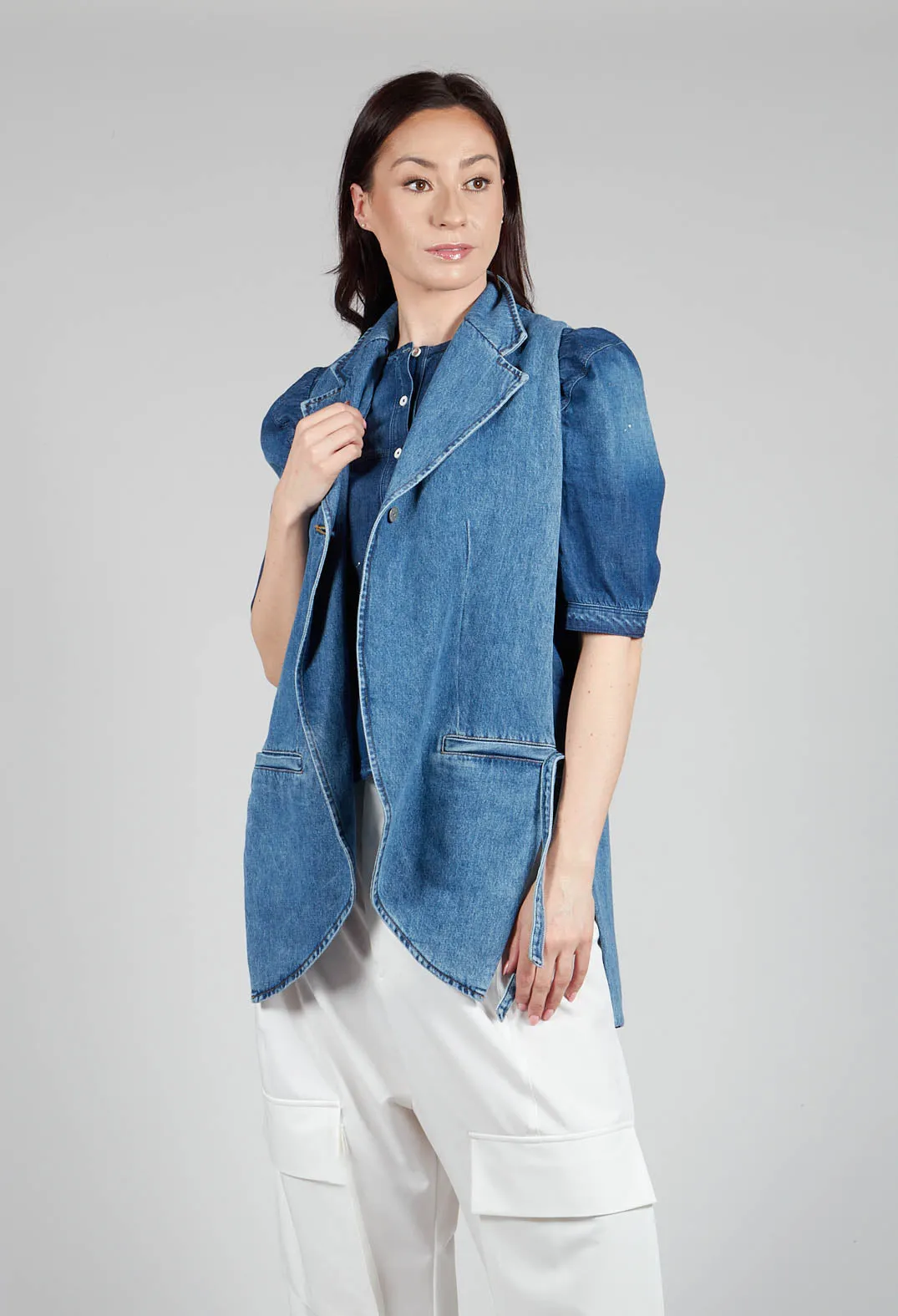 Longline Denim Waistcoat in Celeste