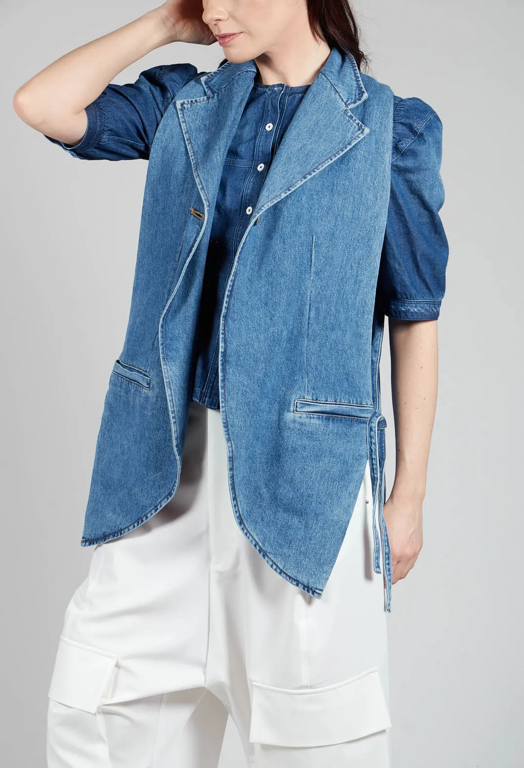 Longline Denim Waistcoat in Celeste