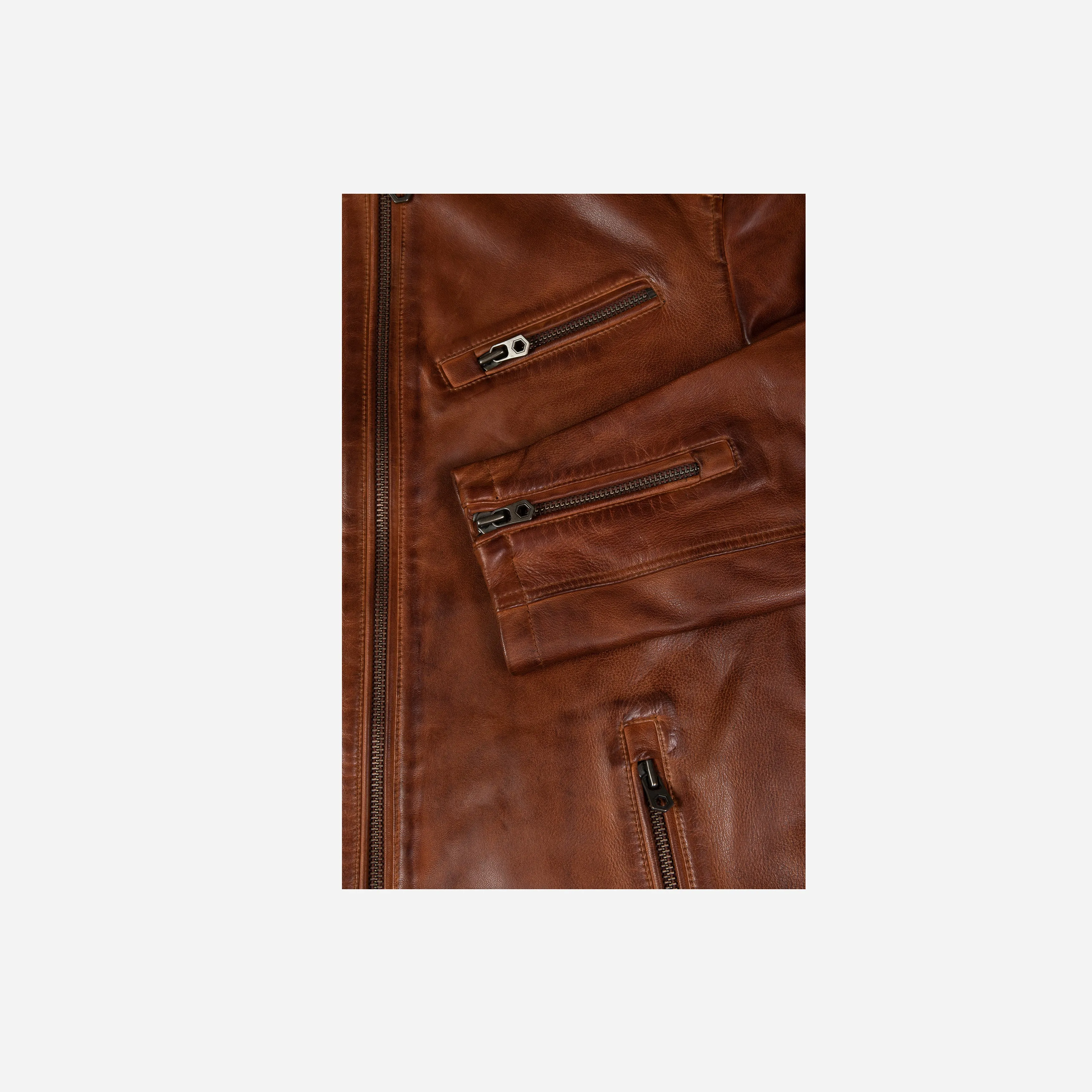 Mandarin Collar Leather Jacket, Cognac