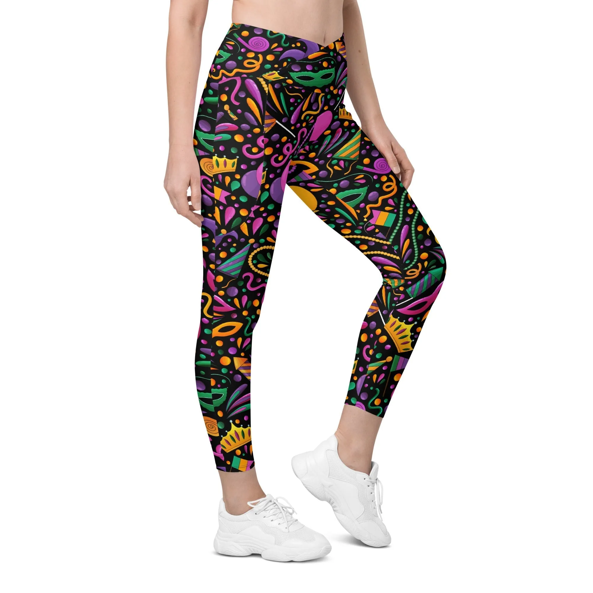 Mardi Gras Masks & Beads Party Crossover Leggings With Pockets