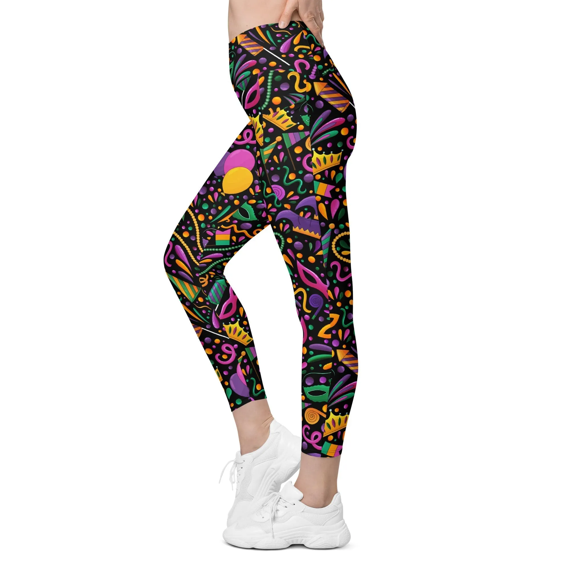 Mardi Gras Masks & Beads Party Crossover Leggings With Pockets