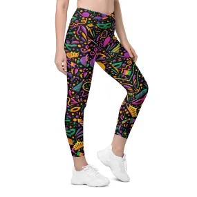 Mardi Gras Masks & Beads Party Crossover Leggings With Pockets