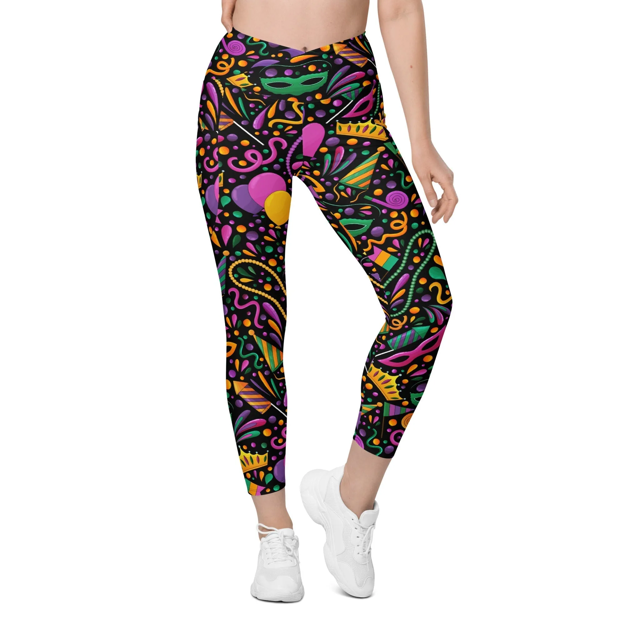 Mardi Gras Masks & Beads Party Crossover Leggings With Pockets