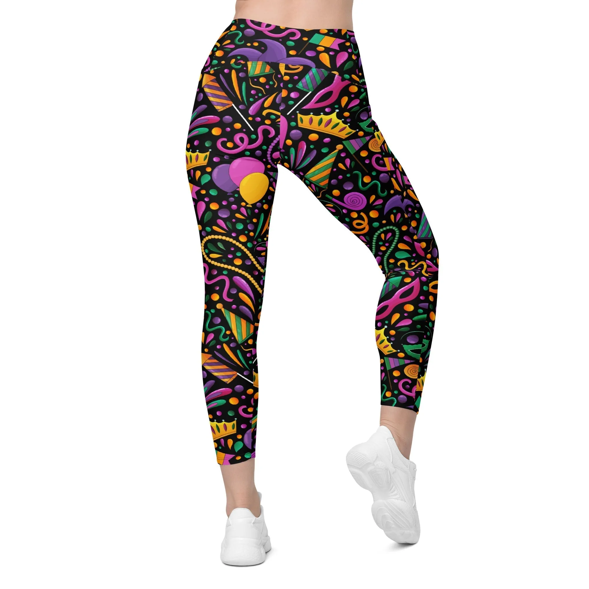 Mardi Gras Masks & Beads Party Crossover Leggings With Pockets