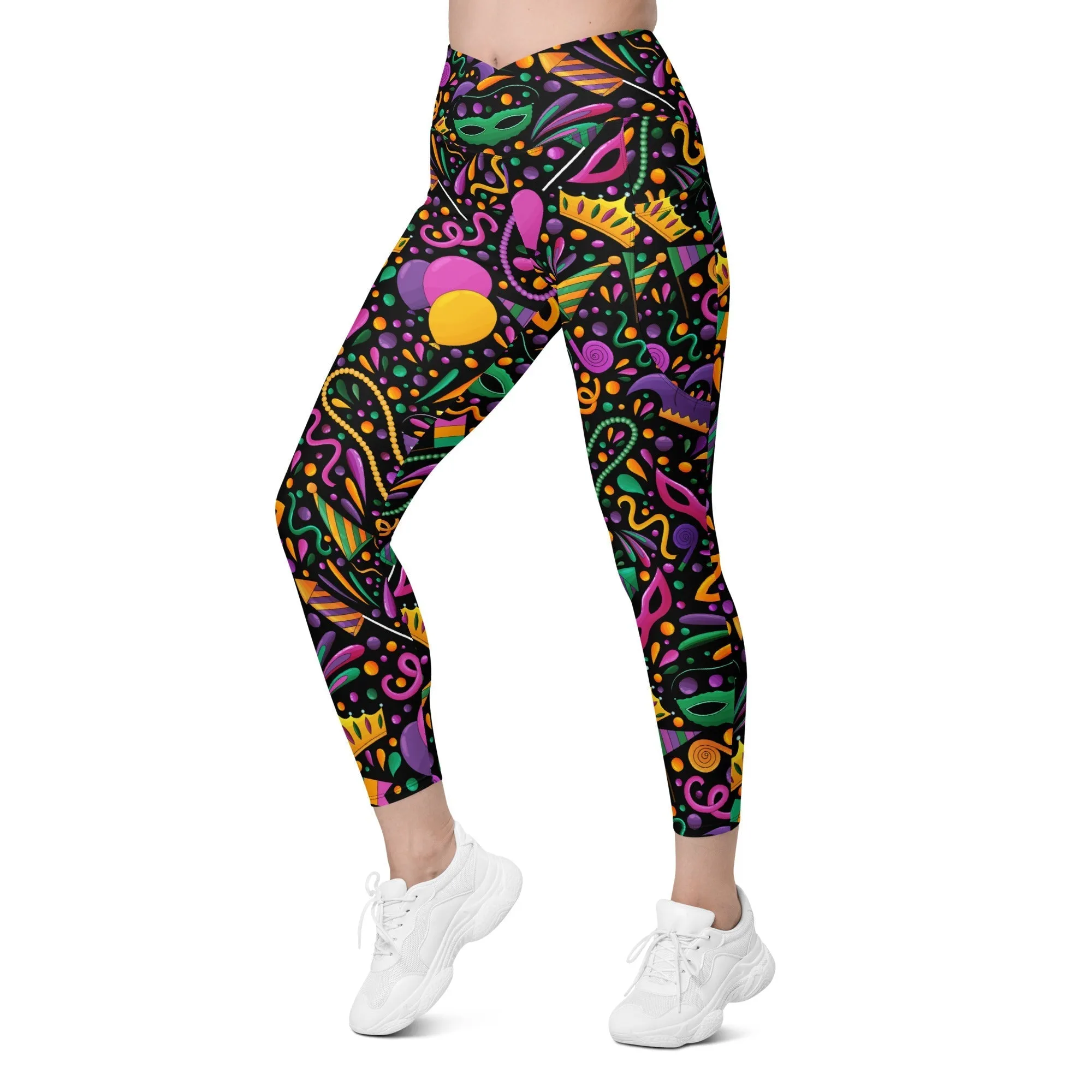 Mardi Gras Masks & Beads Party Crossover Leggings With Pockets