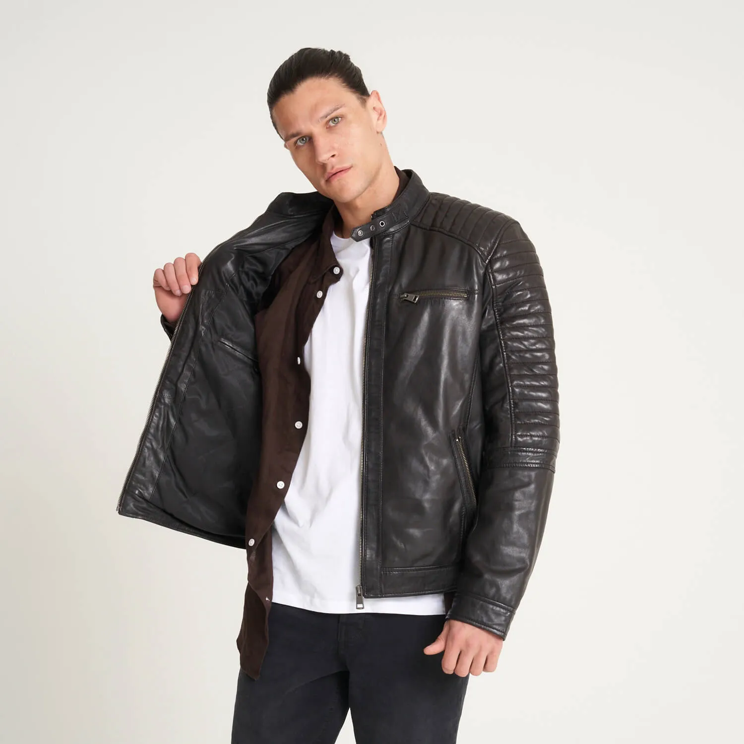 Men's Chrome-Free Dark Brown Leather Jacket - Barneys Originals