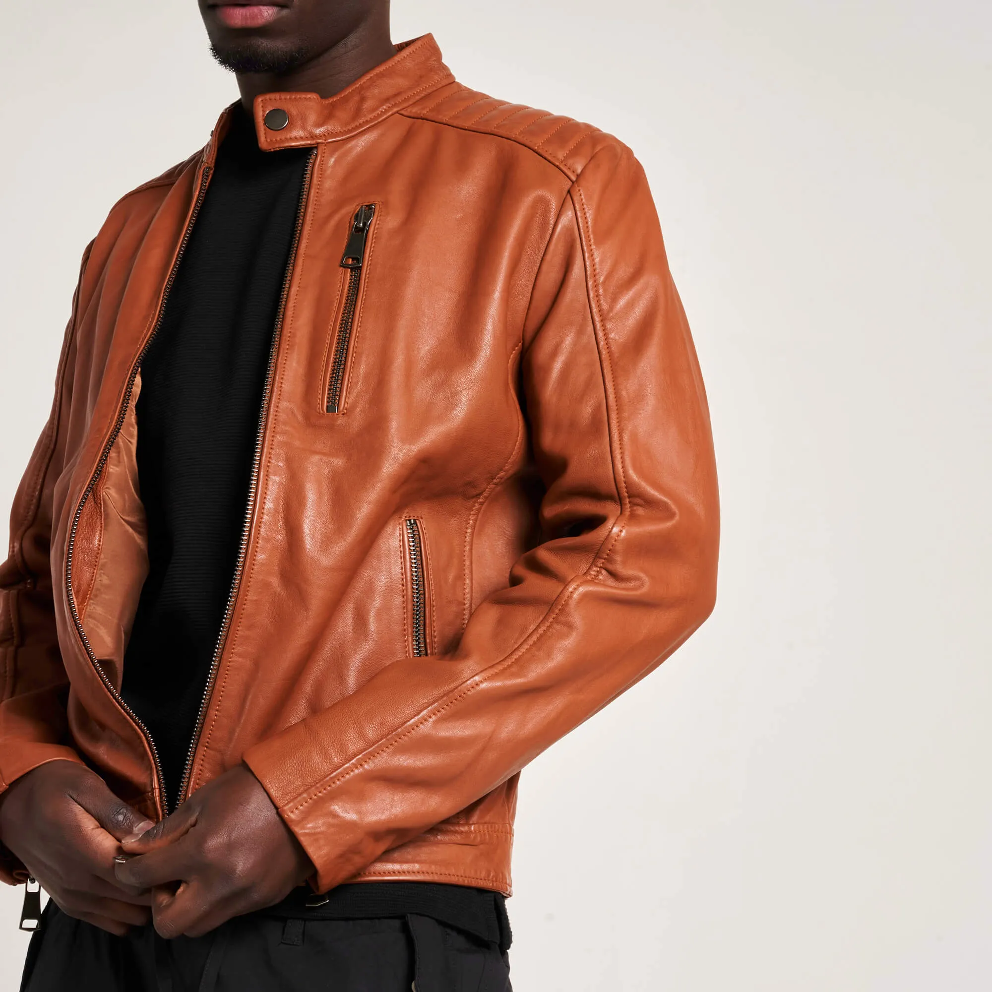 Men's Chrome-Free Leather Racer Jacket in Tan - Barneys Originals