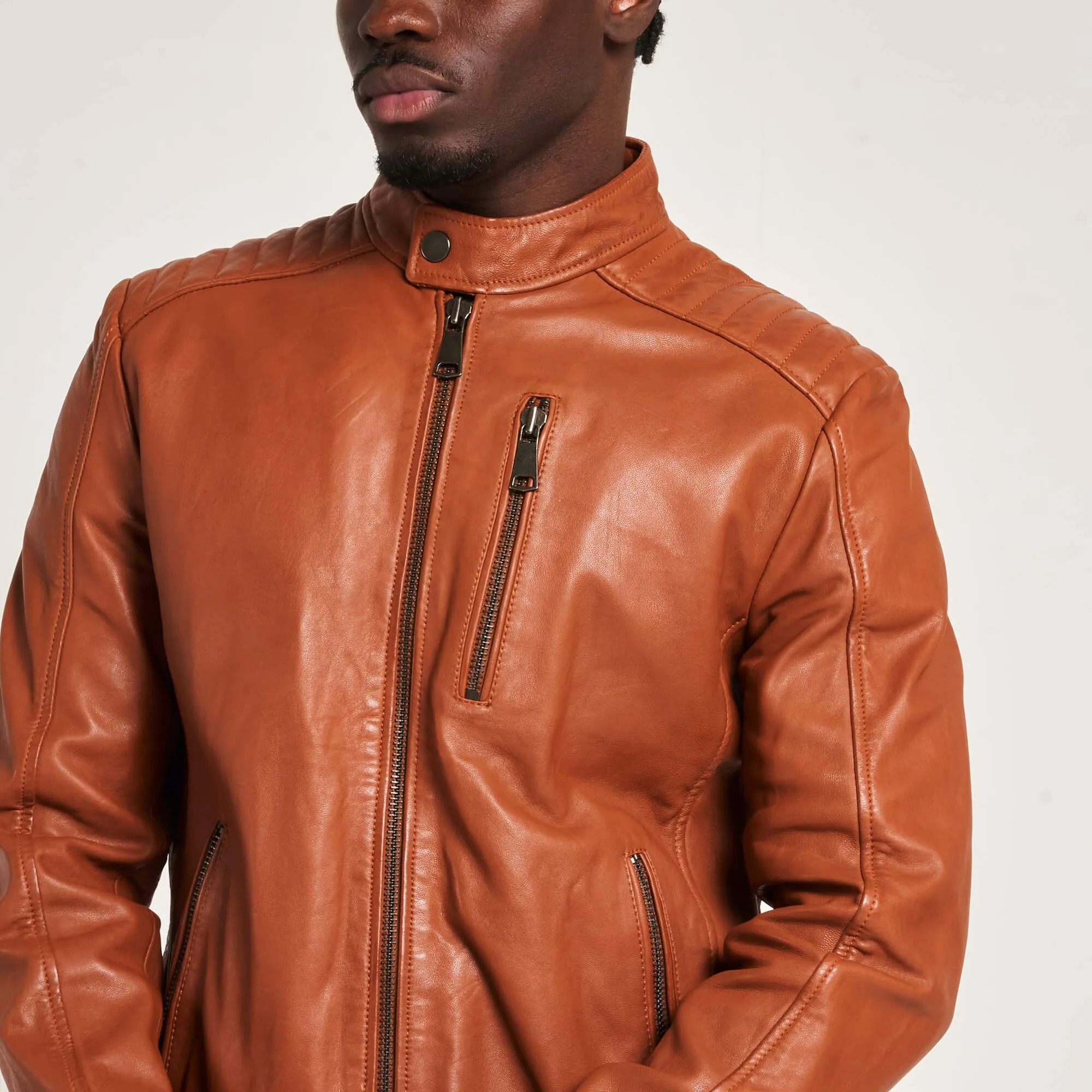 Men's Chrome-Free Leather Racer Jacket in Tan - Barneys Originals