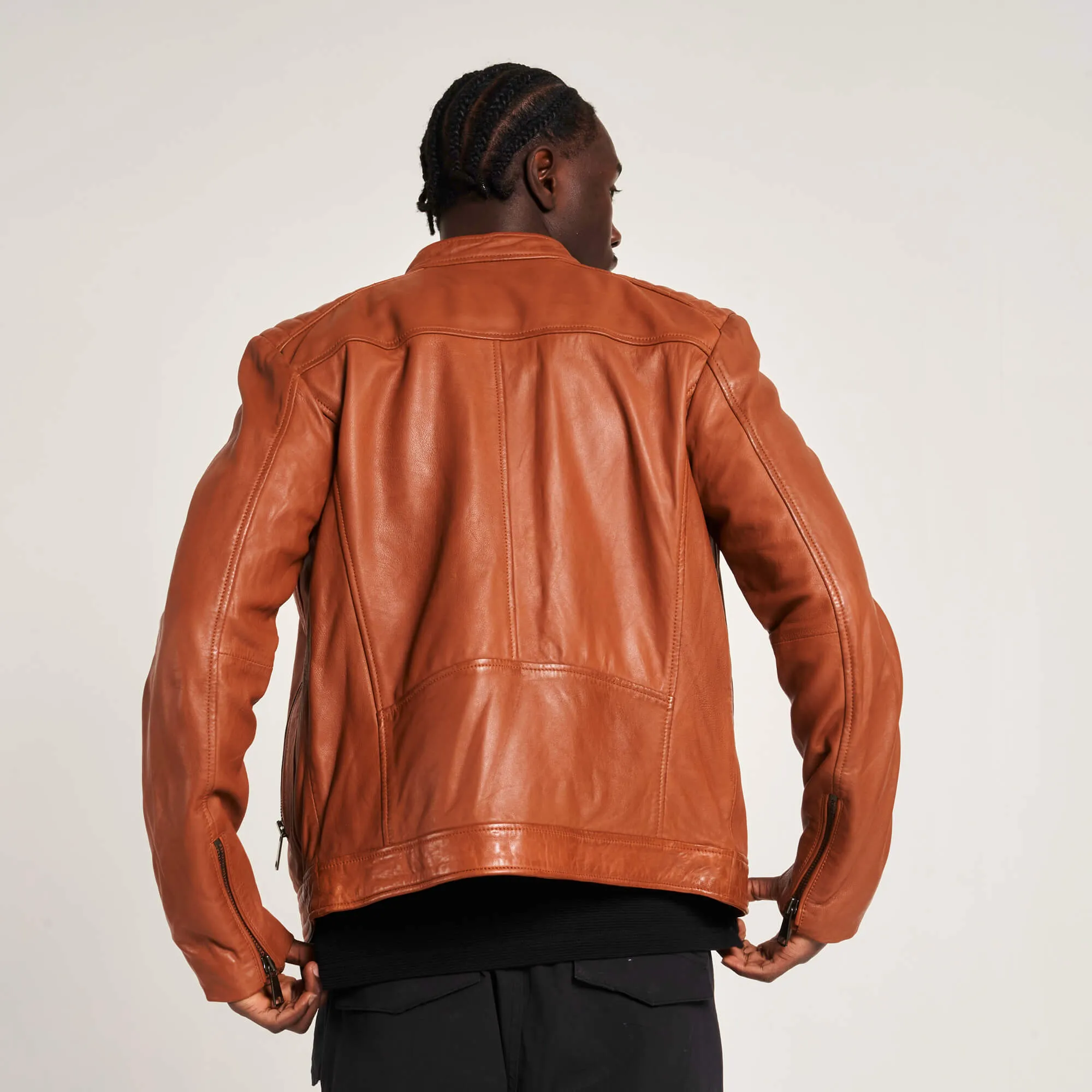 Men's Chrome-Free Leather Racer Jacket in Tan - Barneys Originals