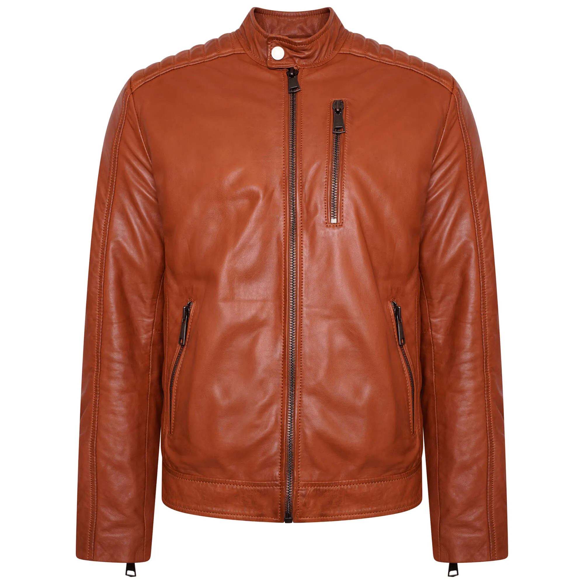 Men's Chrome-Free Leather Racer Jacket in Tan - Barneys Originals