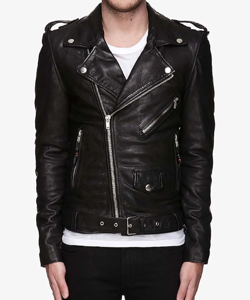 Men’s Belted Asymmetrical Motorcycle Black Leather Jacket