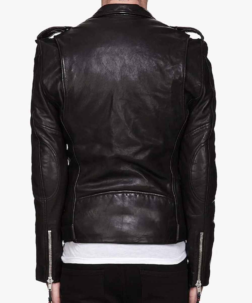 Men’s Belted Asymmetrical Motorcycle Black Leather Jacket