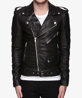 Men’s Belted Asymmetrical Motorcycle Black Leather Jacket