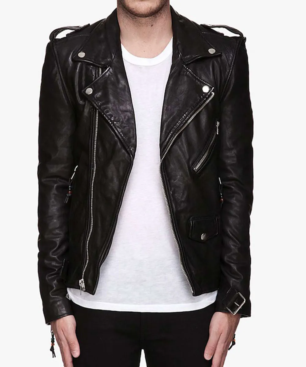 Men’s Belted Asymmetrical Motorcycle Black Leather Jacket