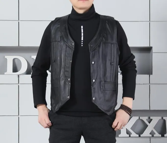 Men's Autumn Bussiness Casual Outerwear Leather Vest Style Jacket