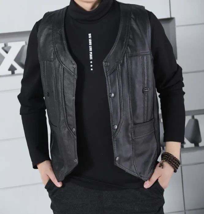 Men's Autumn Bussiness Casual Outerwear Leather Vest Style Jacket