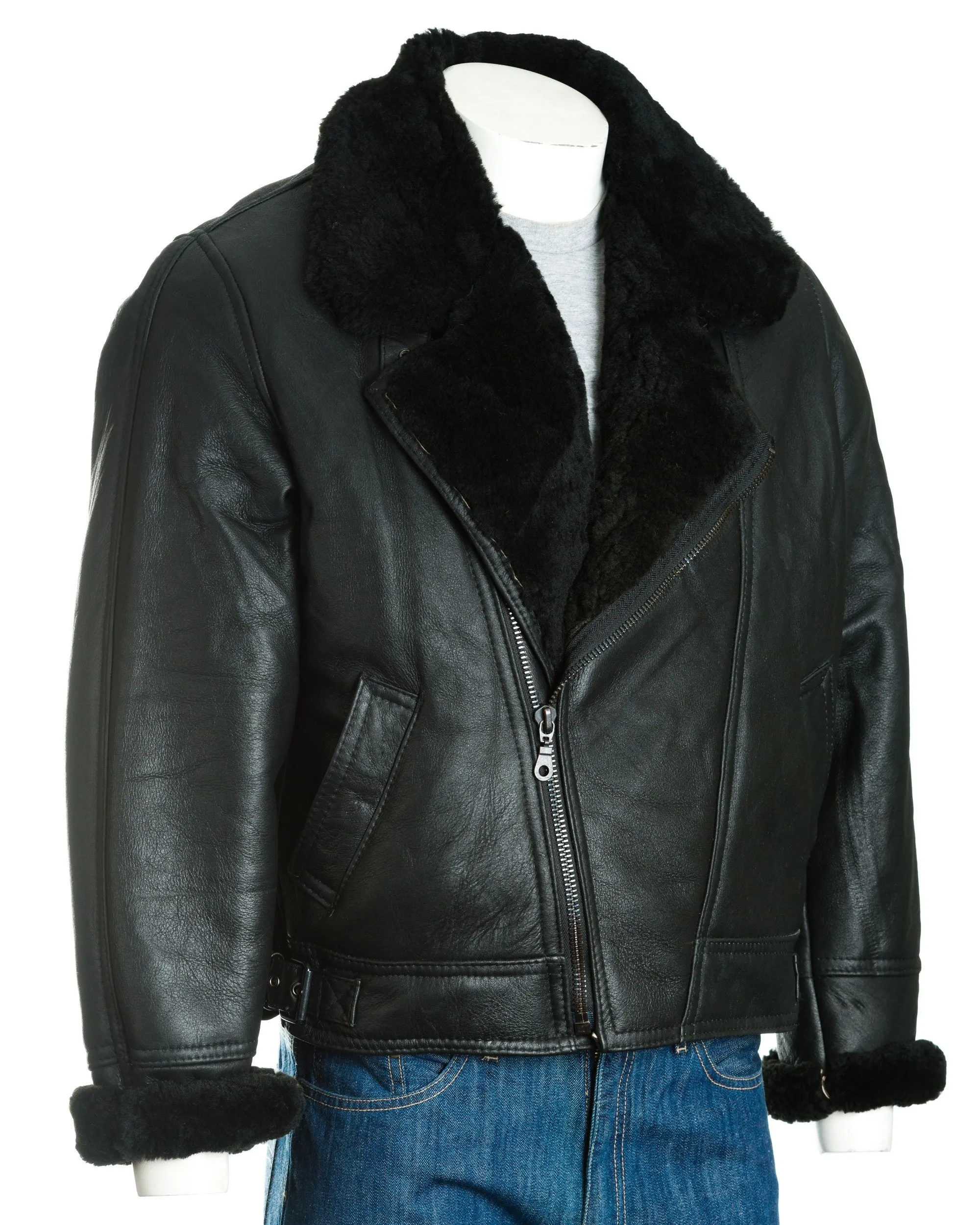 Men's Black Asymmetric Zip Sheepskin Aviator Pilot Flight Jacket: Vincenzo