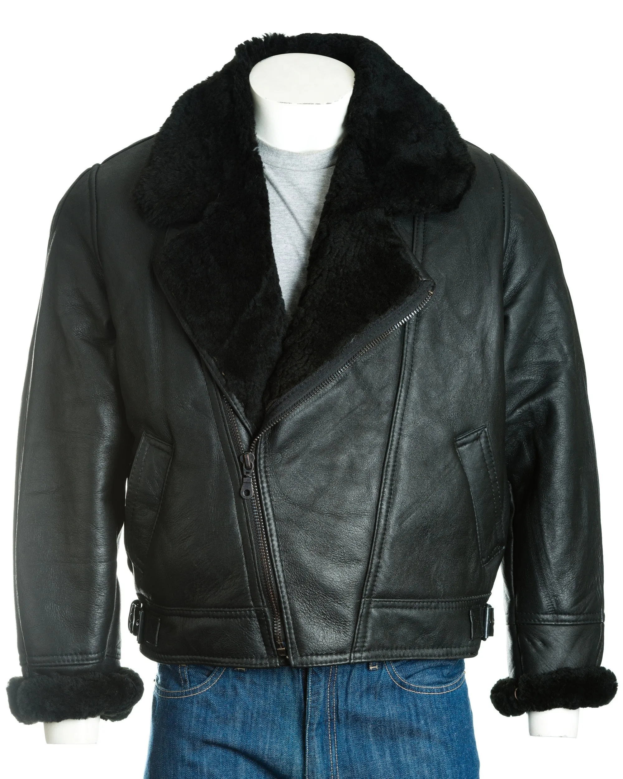 Men's Black Asymmetric Zip Sheepskin Aviator Pilot Flight Jacket: Vincenzo