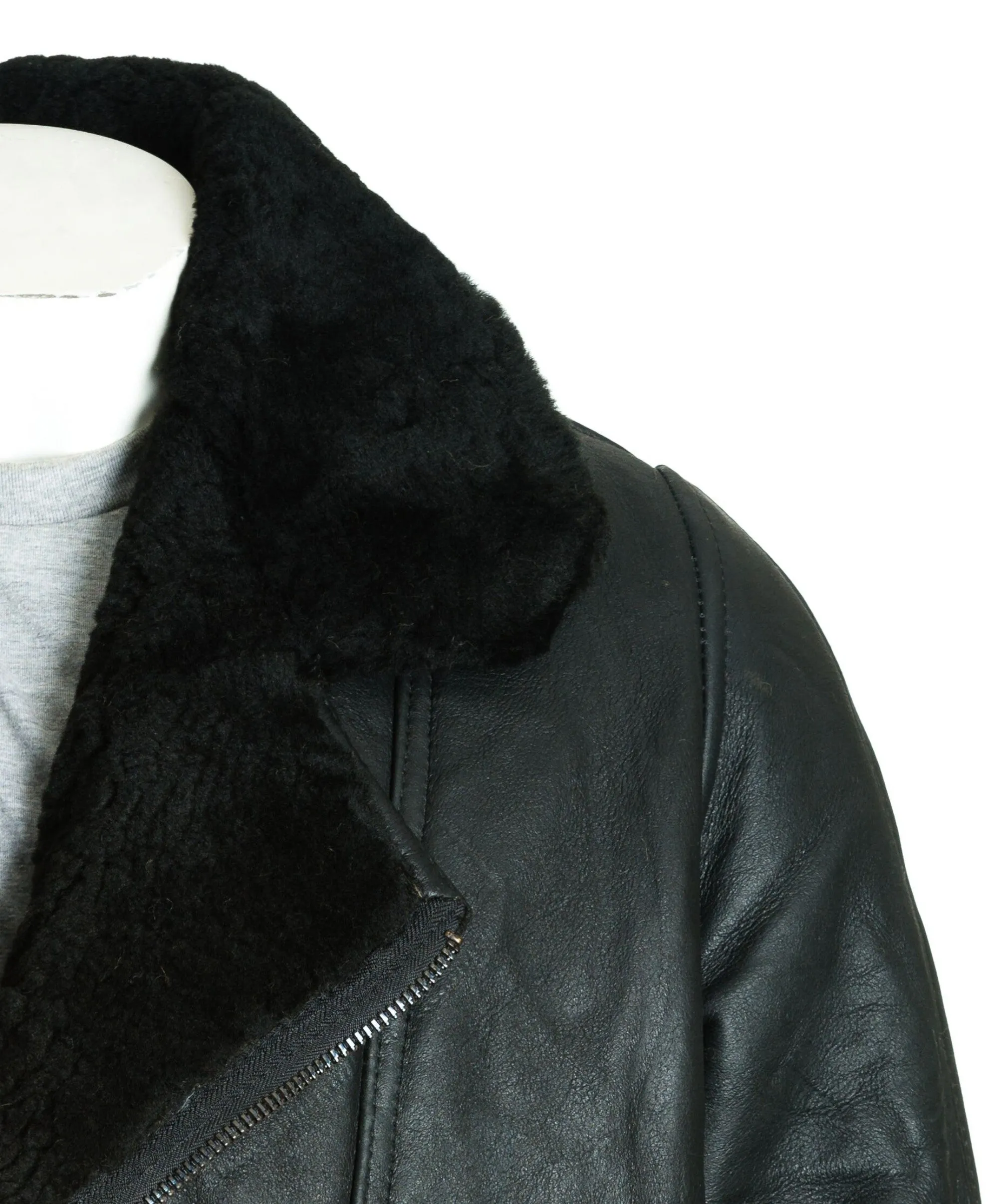 Men's Black Asymmetric Zip Sheepskin Aviator Pilot Flight Jacket: Vincenzo