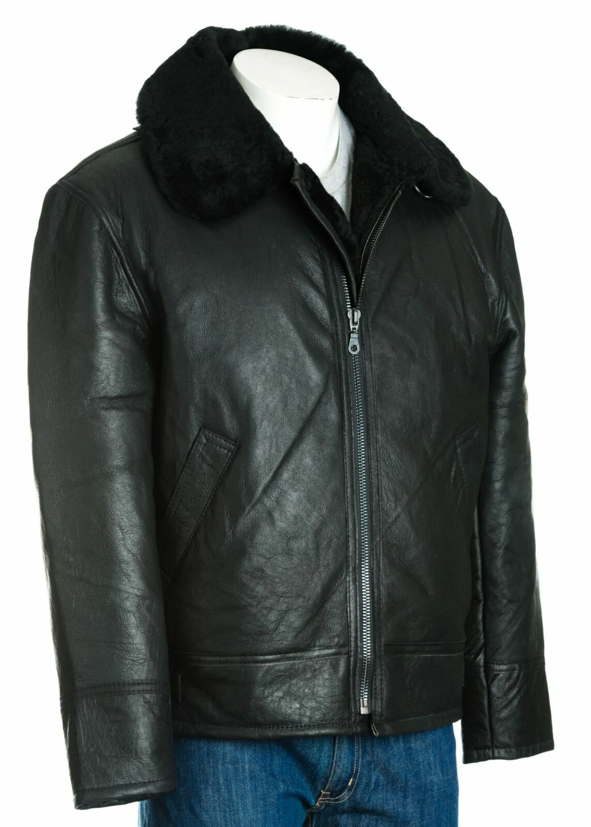 Men's Black B3 Style Vertical Zip Sheepskin Aviator Pilot Flight Jacket: Liberaci