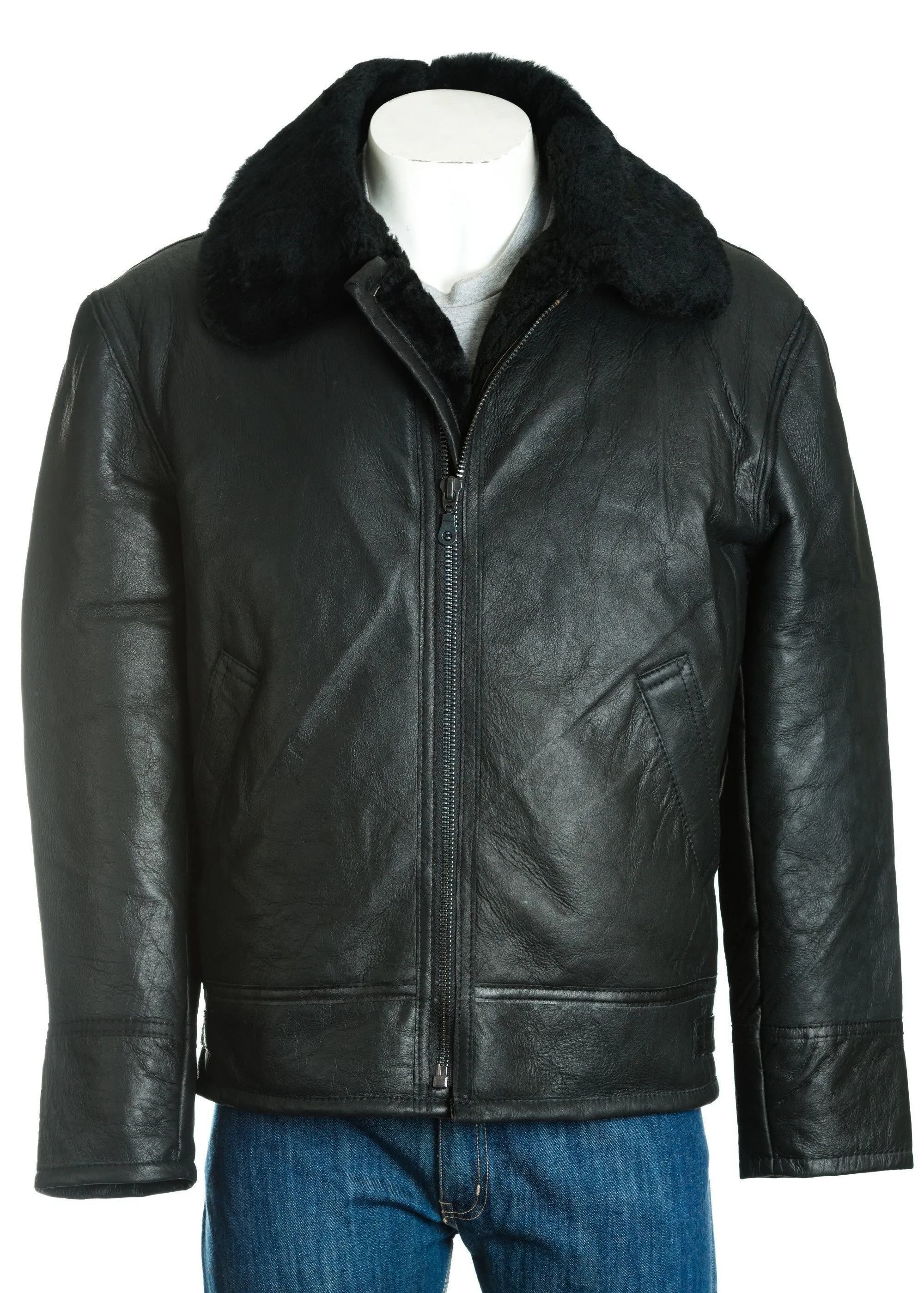 Men's Black B3 Style Vertical Zip Sheepskin Aviator Pilot Flight Jacket: Liberaci