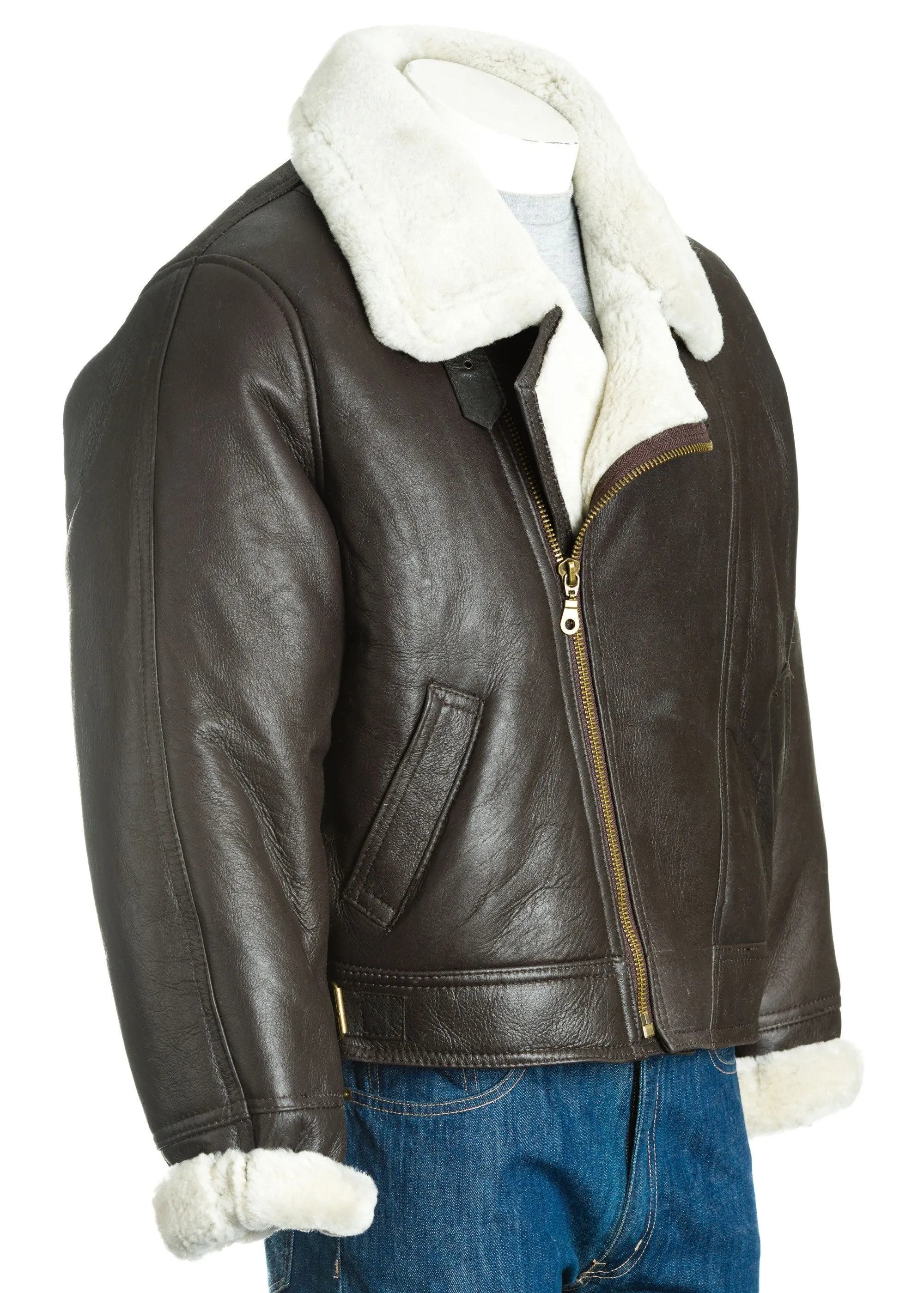 Men's Brown & Cream Asymmetric Zip Sheepskin Aviator Pilot Flight Jacket: Vincenzo