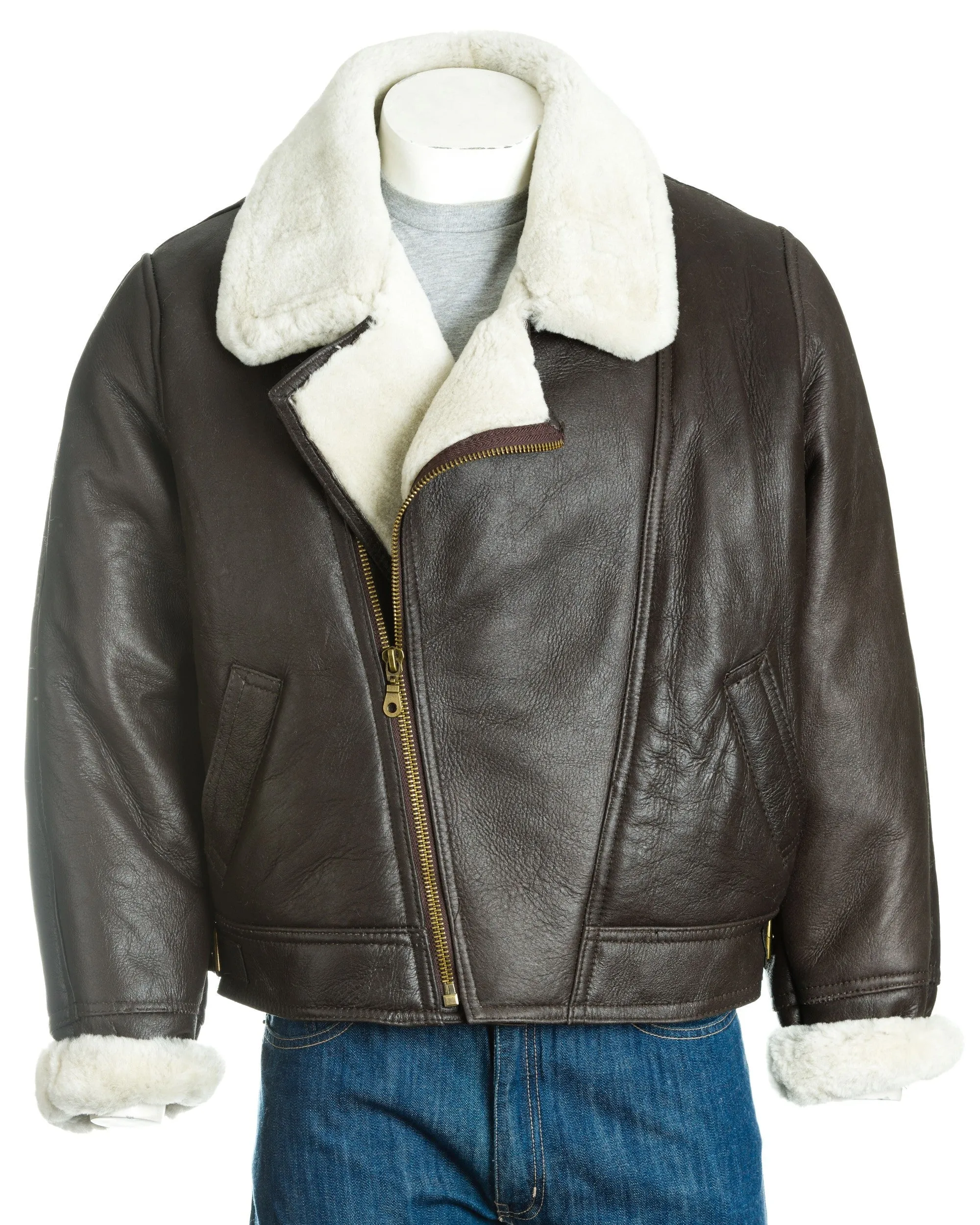 Men's Brown & Cream Asymmetric Zip Sheepskin Aviator Pilot Flight Jacket: Vincenzo