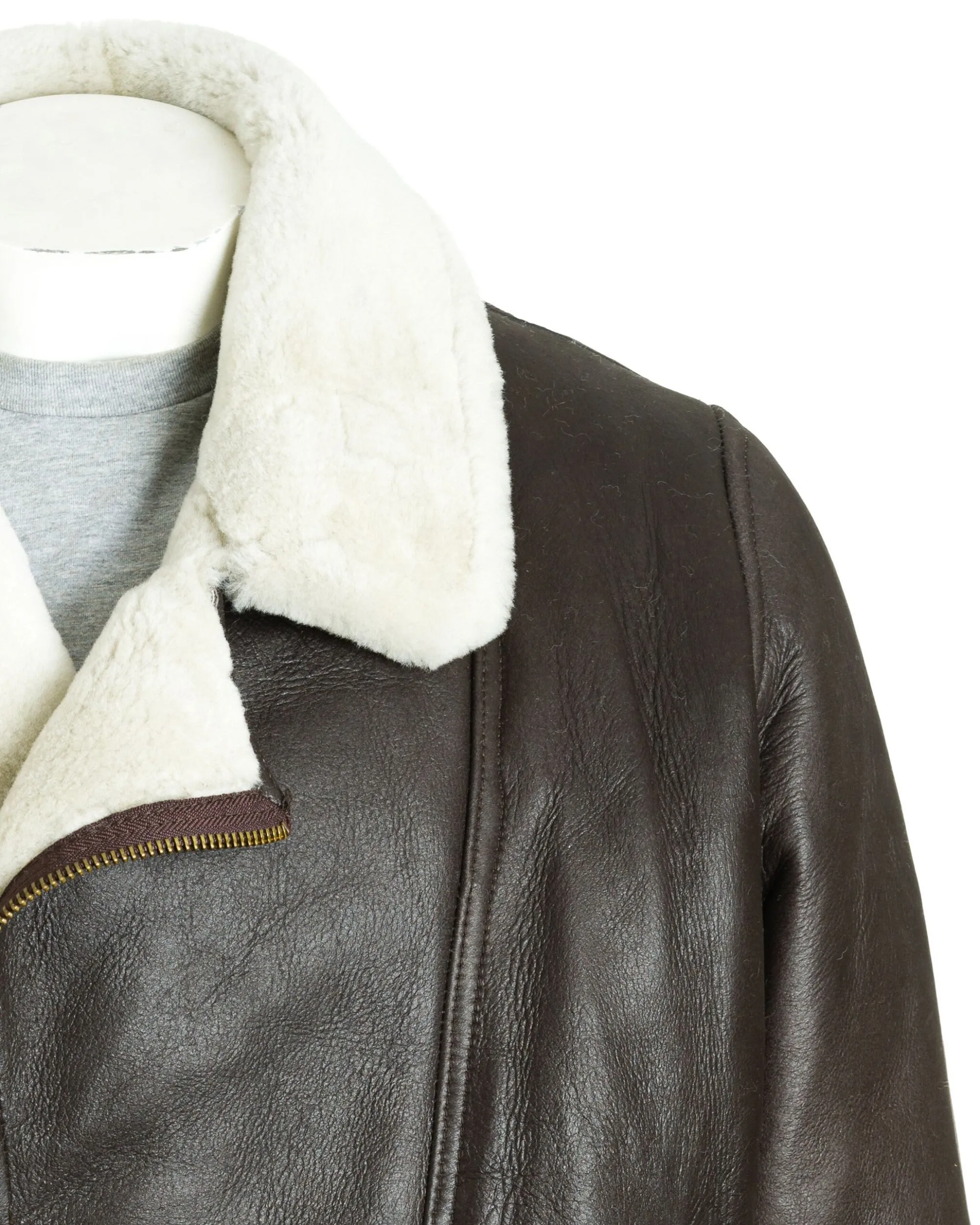 Men's Brown & Cream Asymmetric Zip Sheepskin Aviator Pilot Flight Jacket: Vincenzo