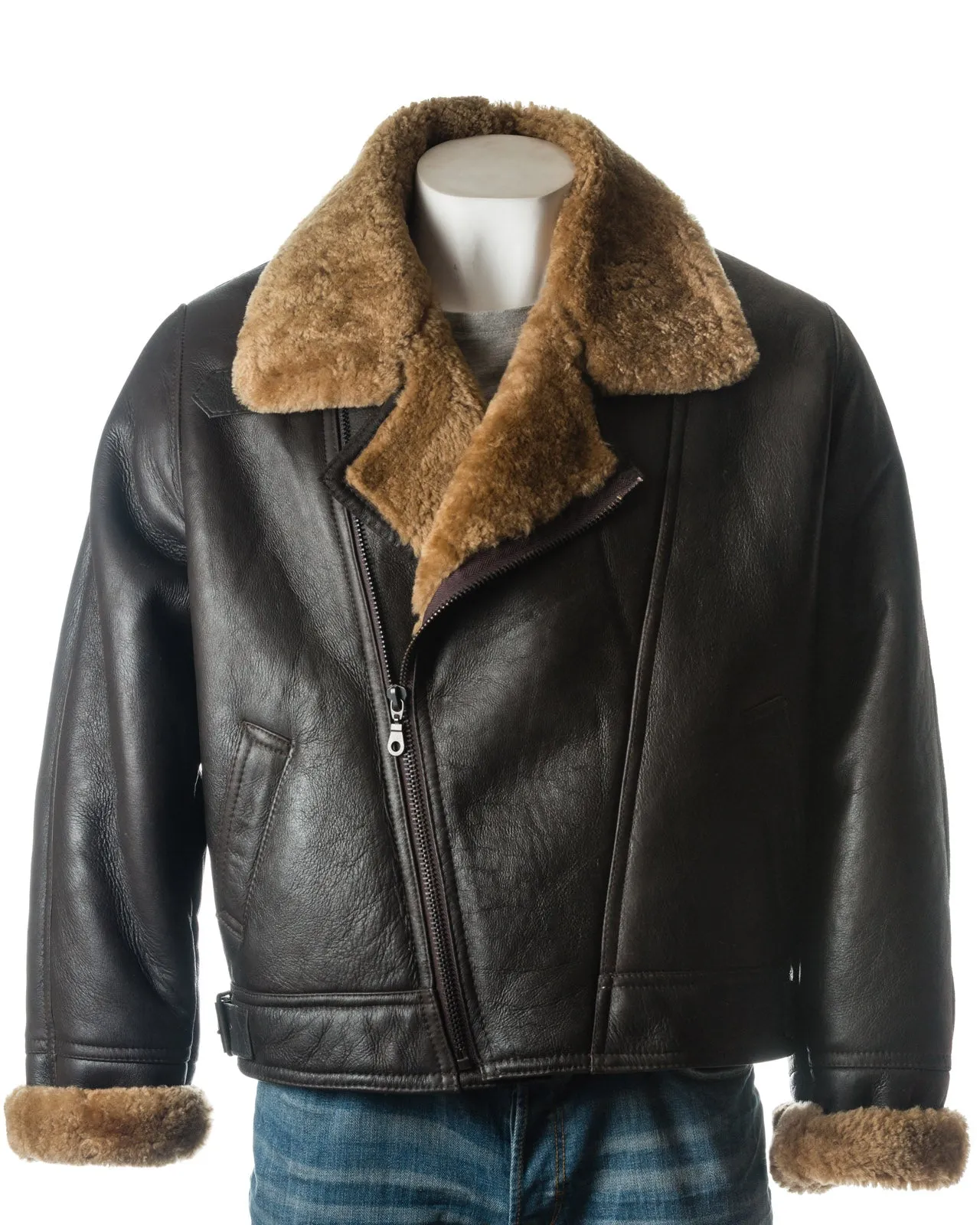 Men's Brown & Ginger Asymmetric Zip Sheepskin Aviator Pilot Flight Jacket: Vincenzo