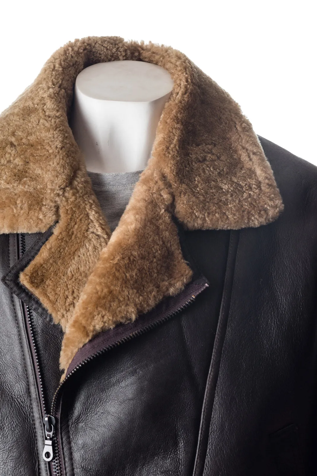 Men's Brown & Ginger Asymmetric Zip Sheepskin Aviator Pilot Flight Jacket: Vincenzo