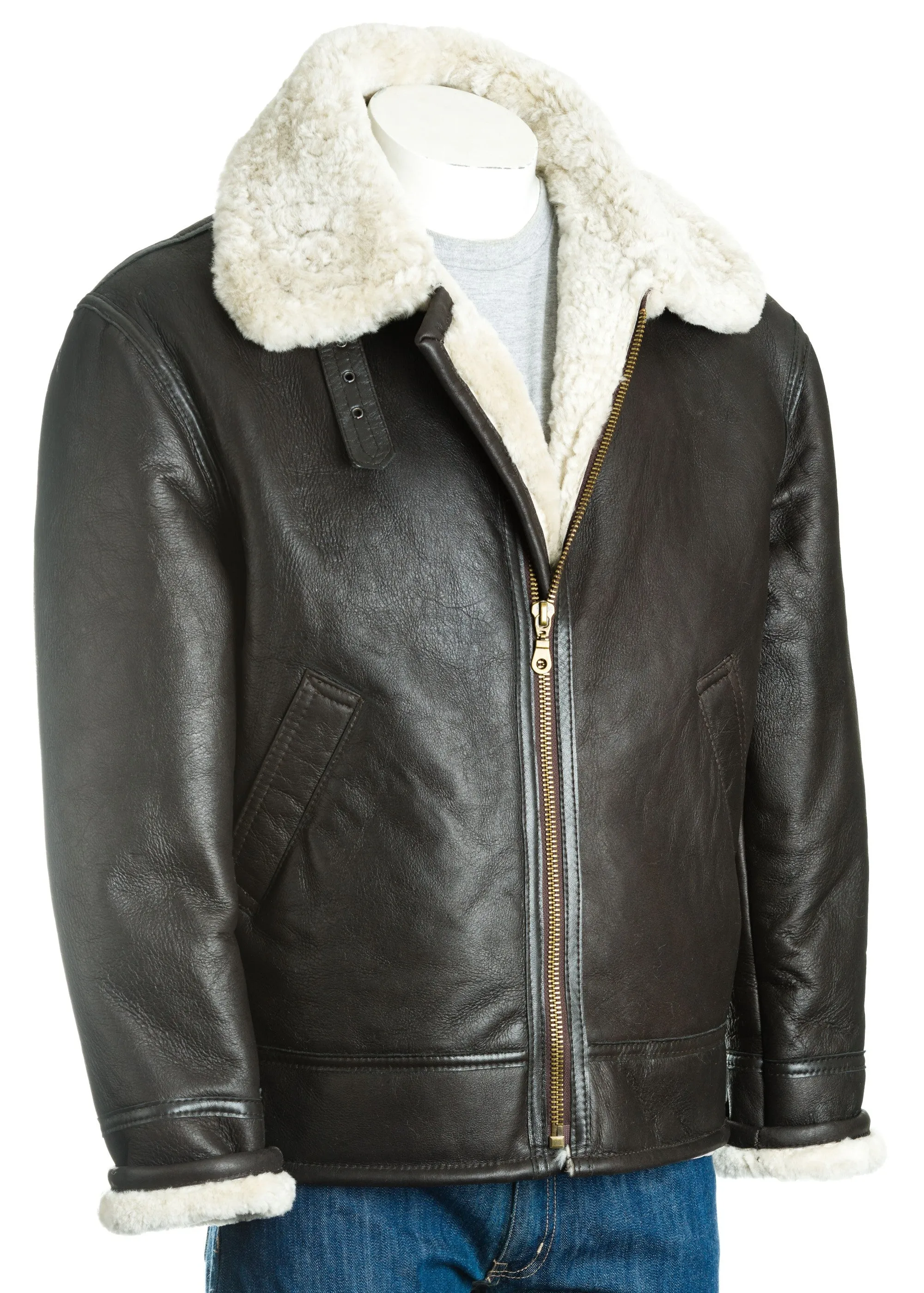 Men's Brown and Cream B3 Style Vertical Zip Sheepskin Aviator Pilot Flight Jacket: Liberaci