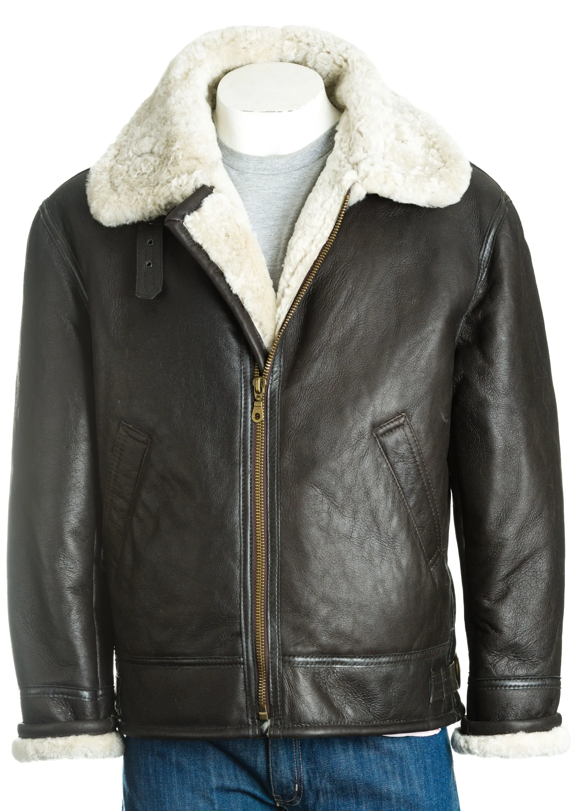 Men's Brown and Cream B3 Style Vertical Zip Sheepskin Aviator Pilot Flight Jacket: Liberaci