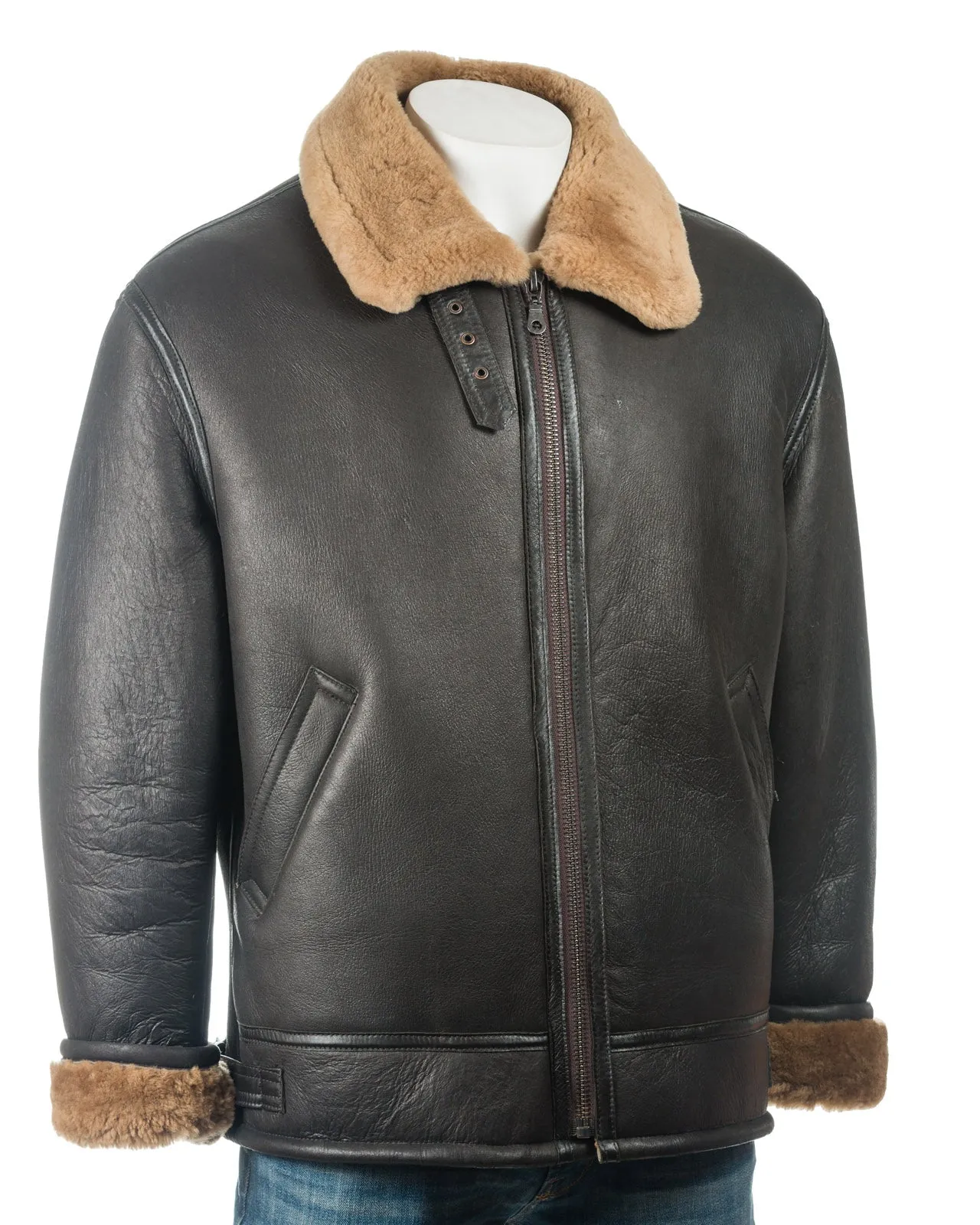 Men's Brown and Ginger B3 Style Vertical Zip Sheepskin Aviator Pilot Flight Jacket: Liberaci