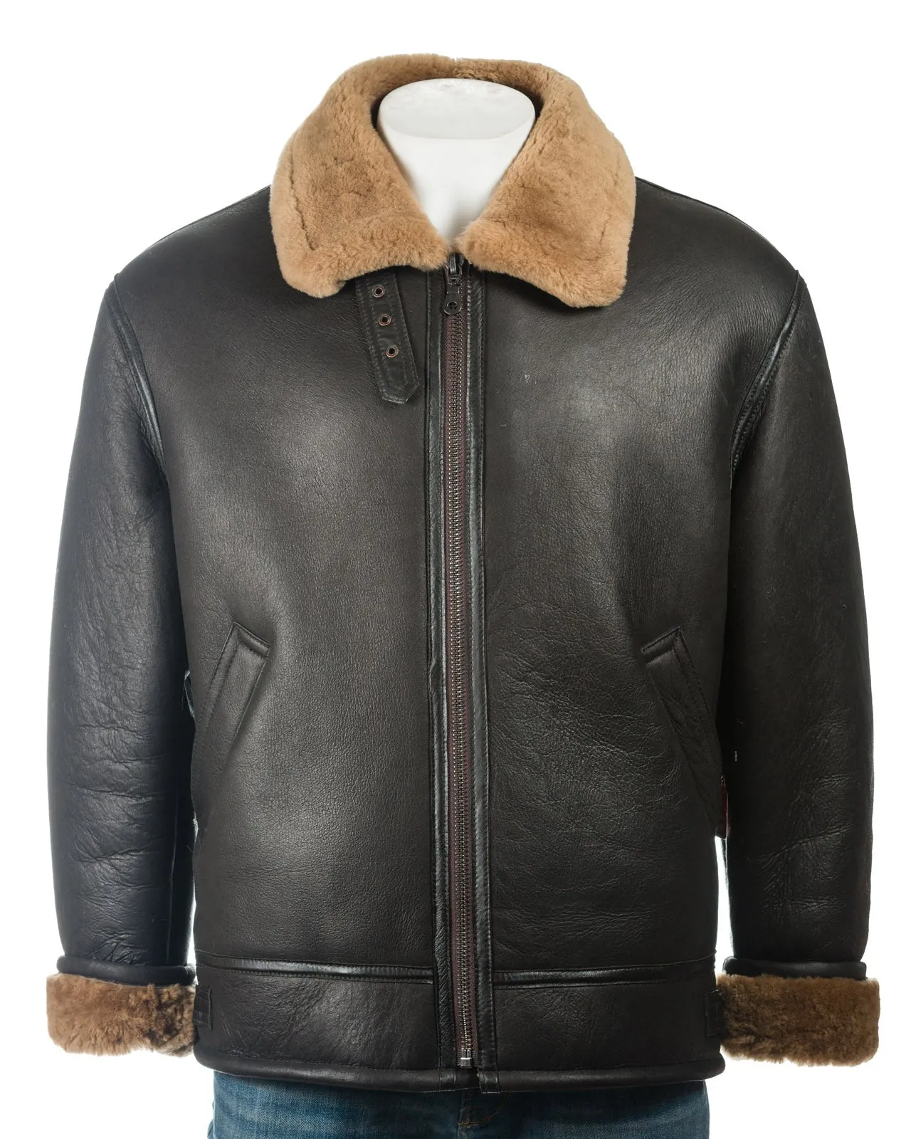 Men's Brown and Ginger B3 Style Vertical Zip Sheepskin Aviator Pilot Flight Jacket: Liberaci