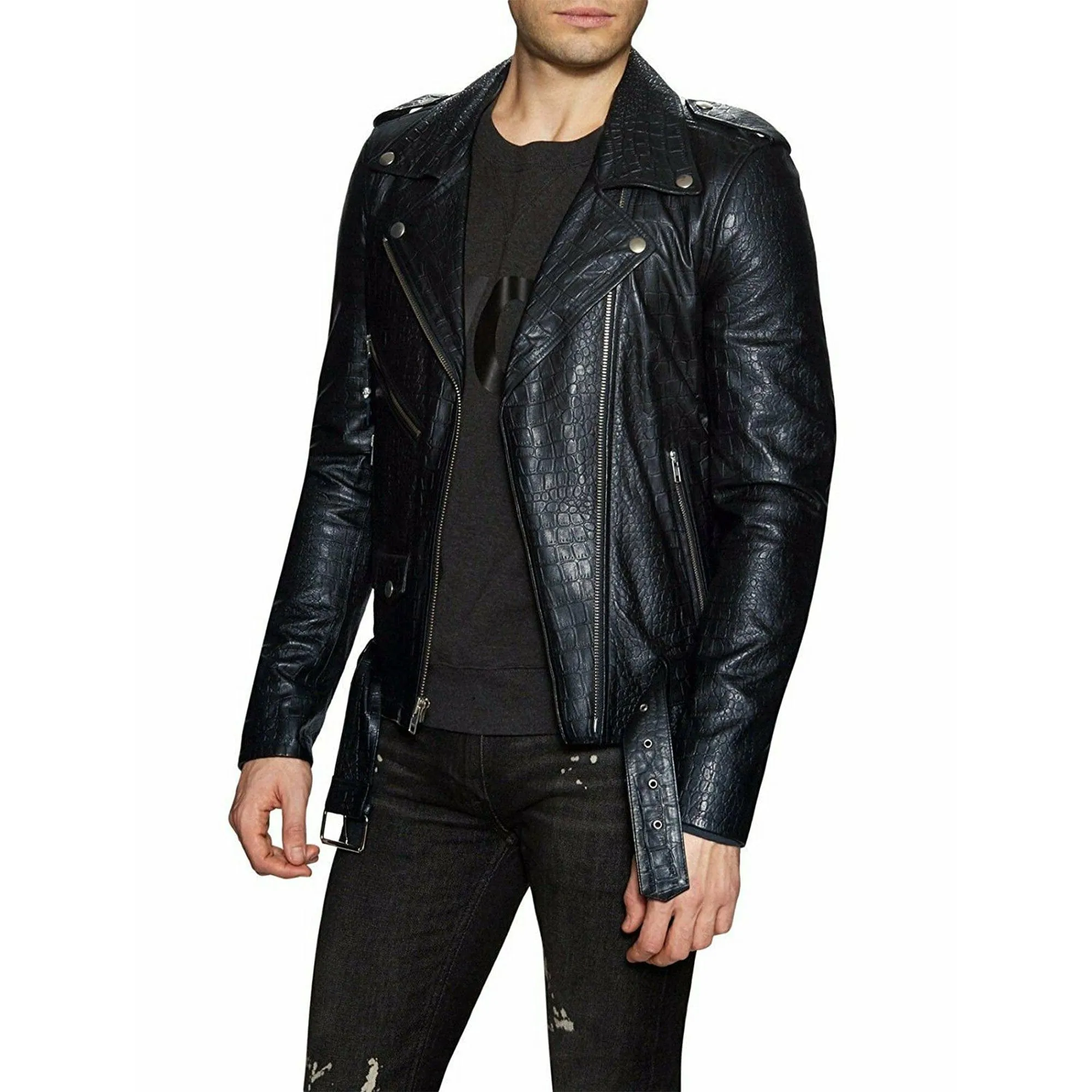 Men's Crocodile Print Genuine Leather Biker Style Jacket