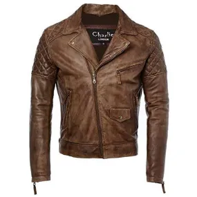 Mens Diamond Vintage Brown Biker Leather Biker Jacket : Soltau