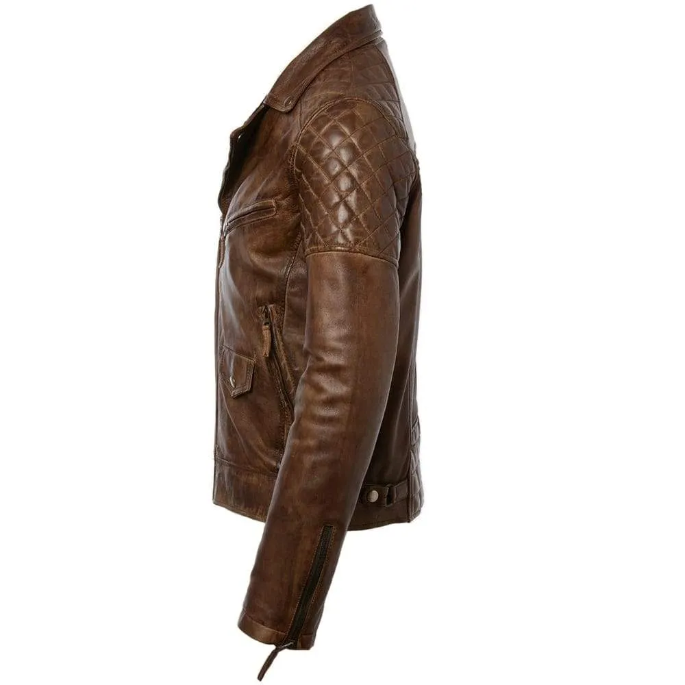 Mens Diamond Vintage Brown Biker Leather Biker Jacket : Soltau