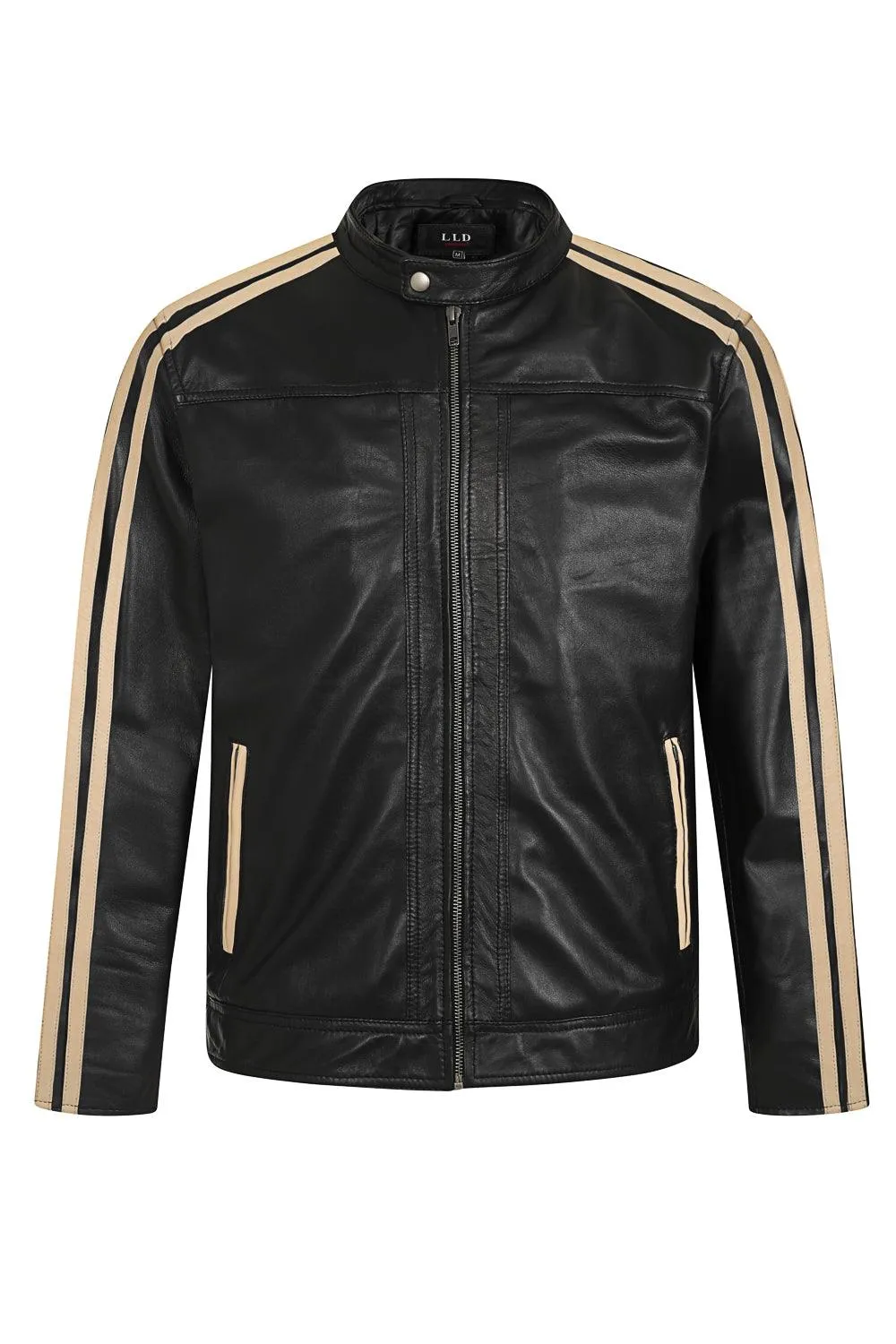 Men's Racer Style Leather Jacket - Black with Cream Stripes - RIO