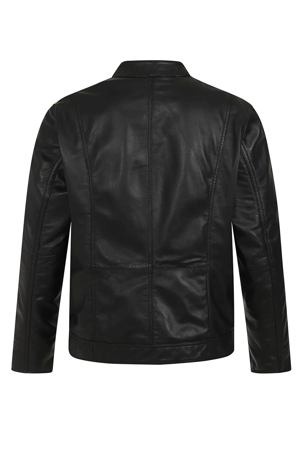 Men's Racer Style Leather Jacket - Black with Cream Stripes - RIO