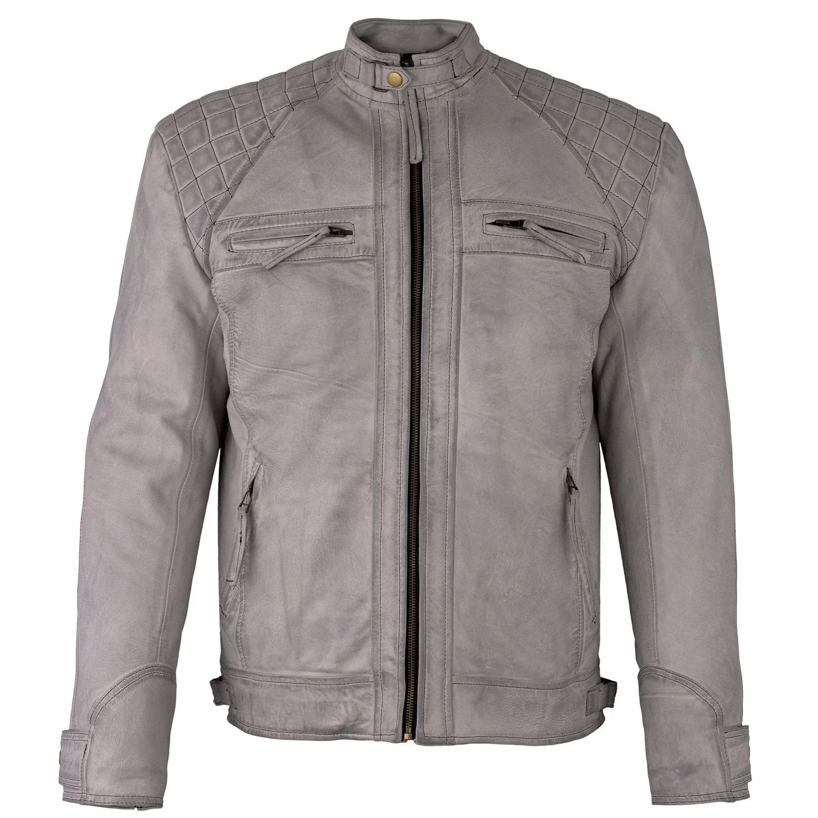 Mens Retro Vintage Grey Style Zipped Diamond Casual Biker Leather Jacket