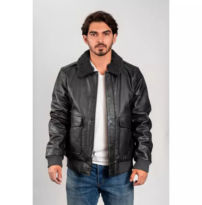 Naked Buffalo Leather Jacket With Removable Faux Shearling Collar for Men