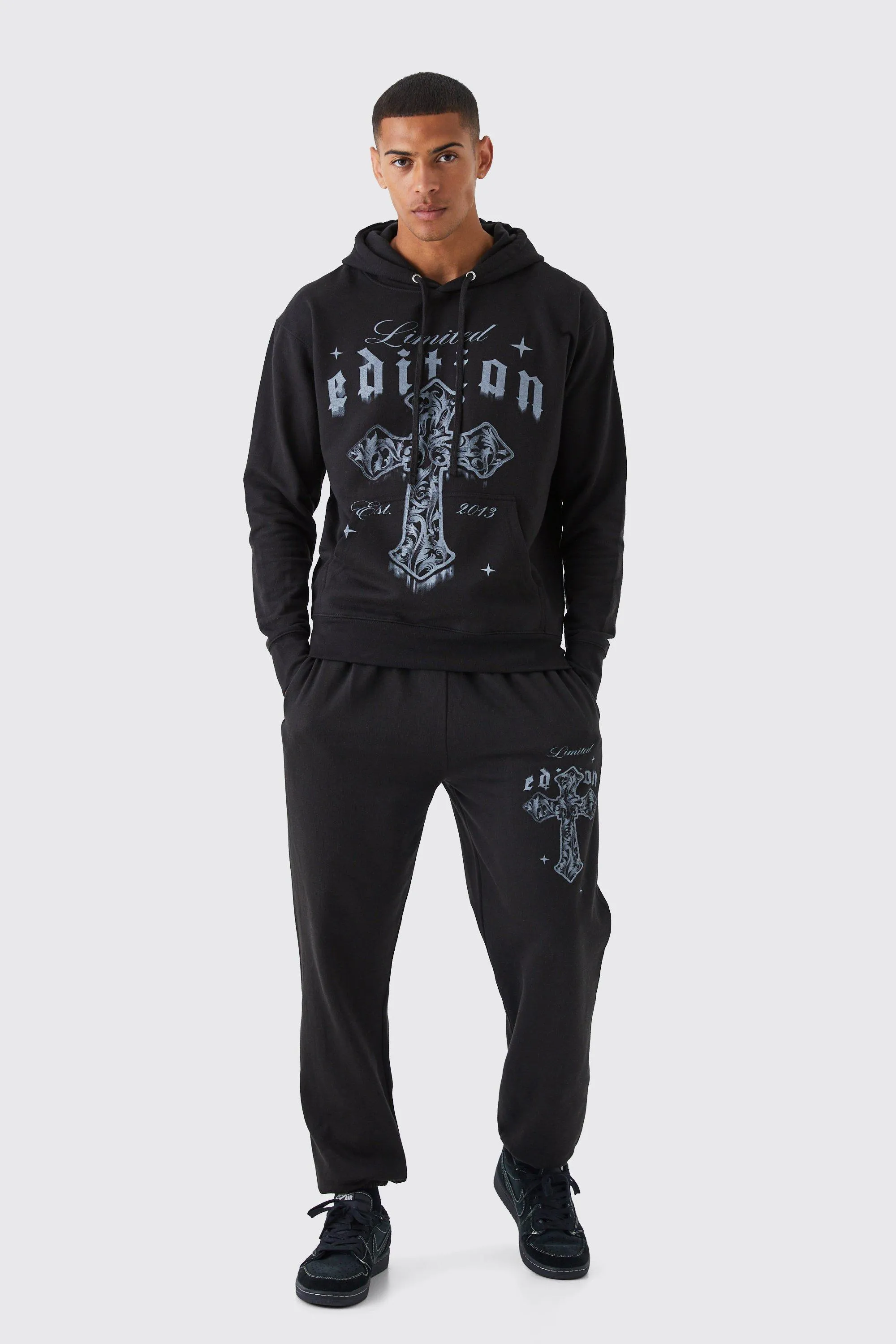 Oversized Gothic Print Hooded Tracksuit | boohooMAN UK