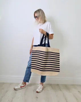 Oversized Navy Striped Jute Bag