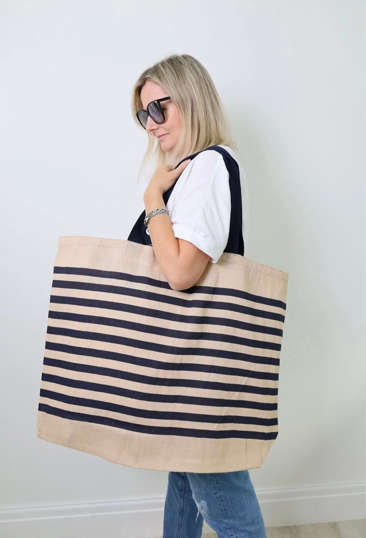 Oversized Navy Striped Jute Bag