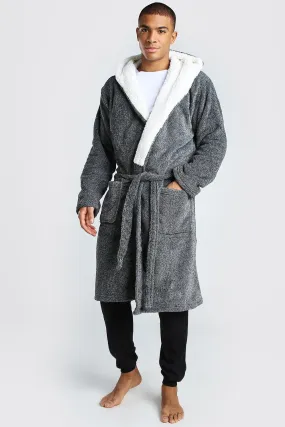 Plain Fleece Lined Hooded Dressing Gown