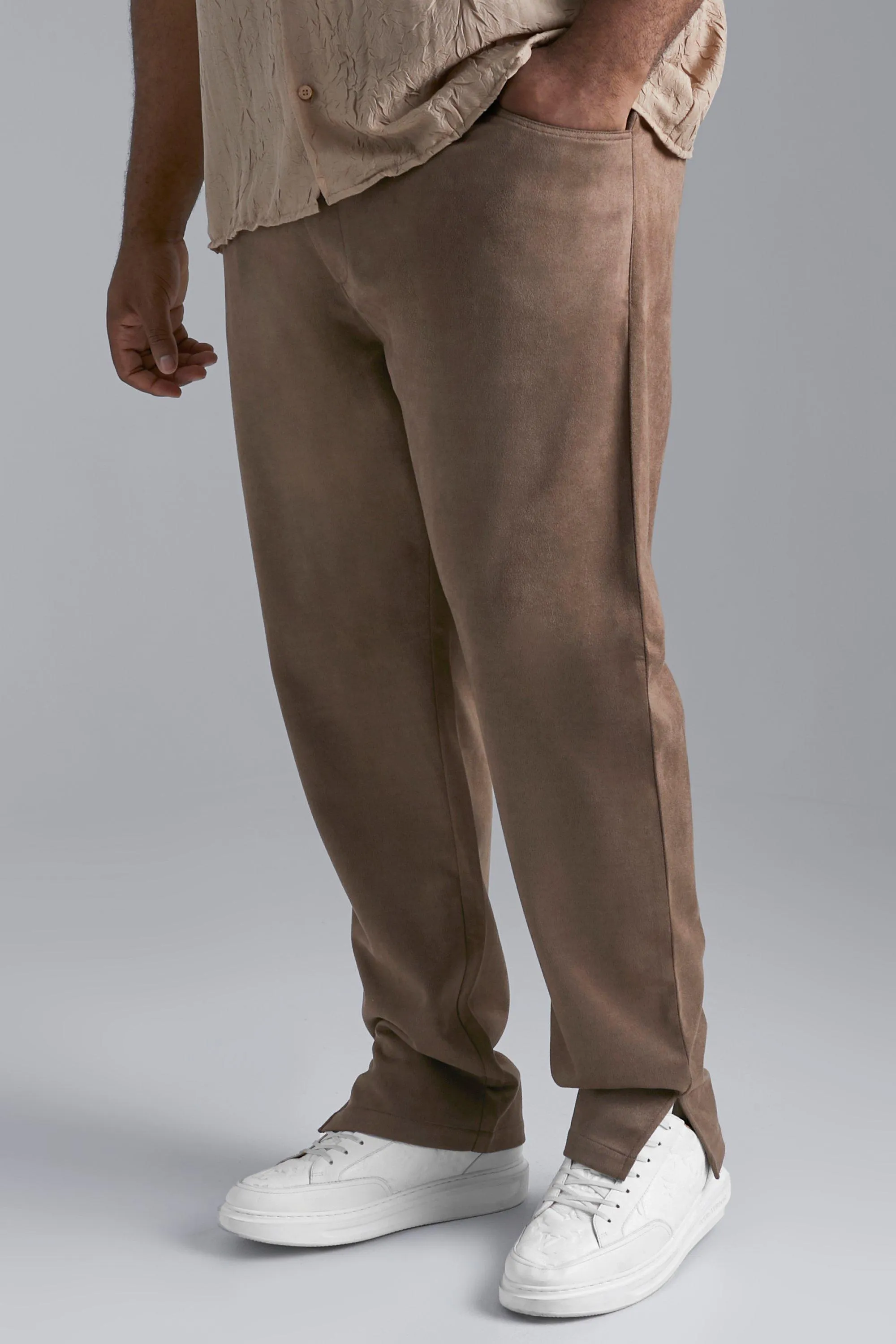 Plus Slim Fit Faux Suede Trousers With Split Hem