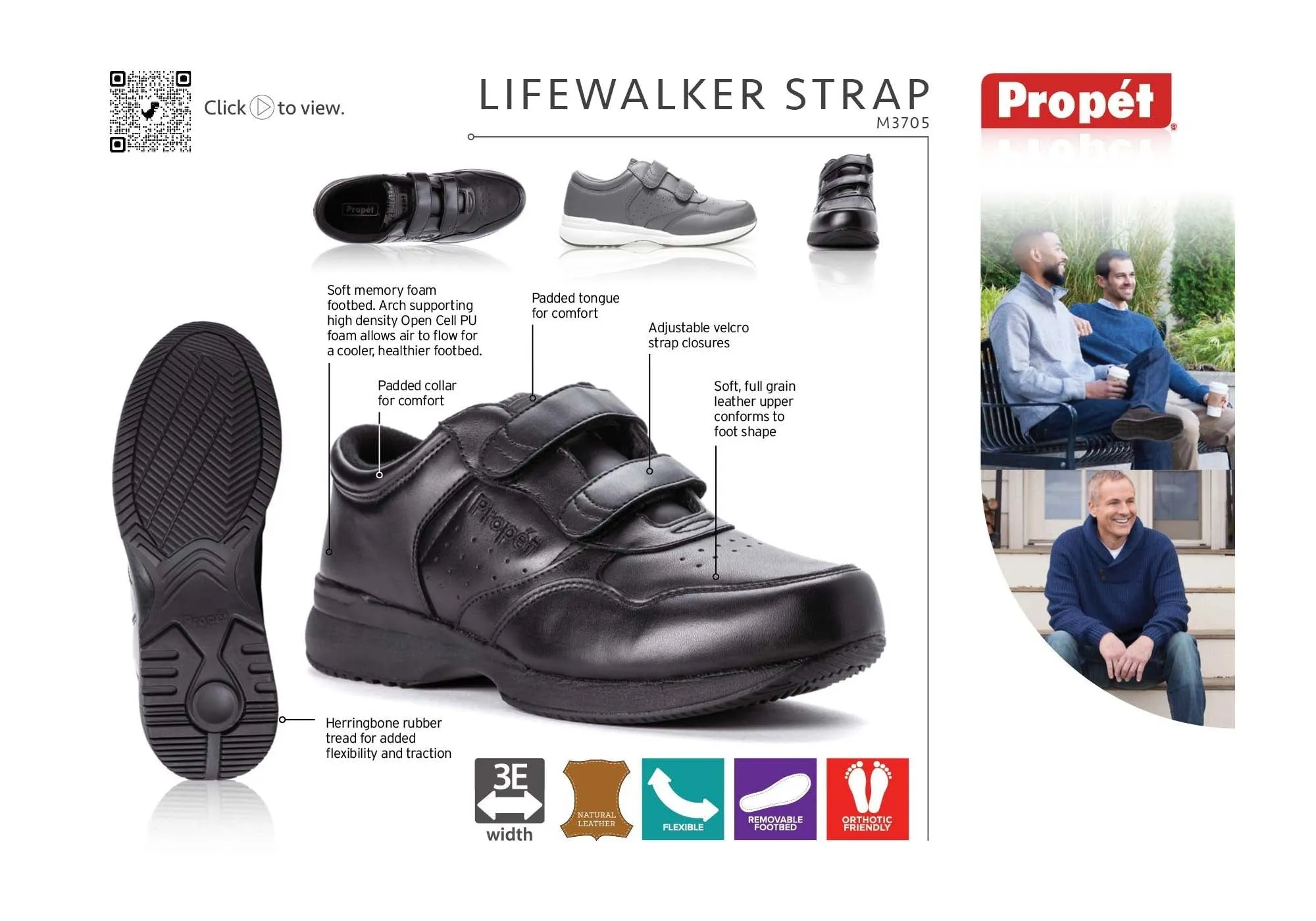 Propet Mens Life Walker Strap 3E Extra Wide Comfortable Leather Shoes