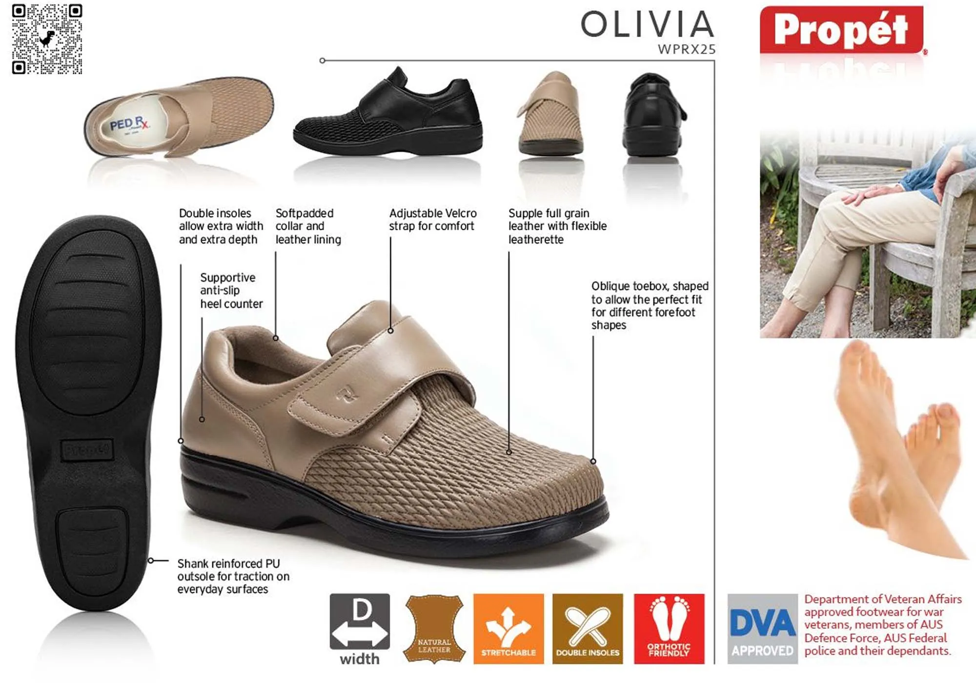 Propet Womens Olivia Leather Comfort Adjustable Strap Wide Fit Shoes