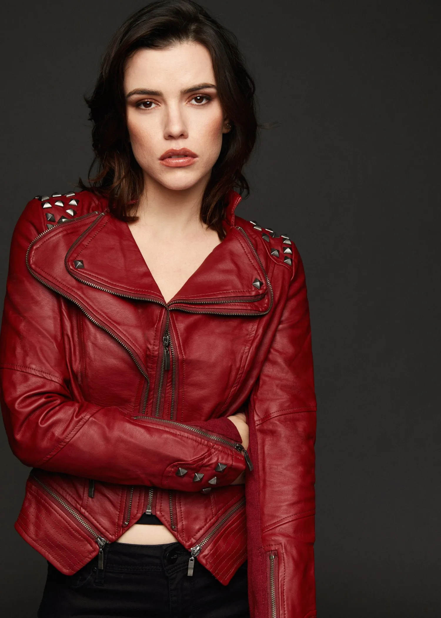 Red Faux Leather Slim Fit Moto Biker Jacket with Studs