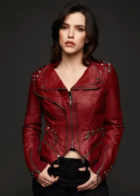 Red Faux Leather Slim Fit Moto Biker Jacket with Studs